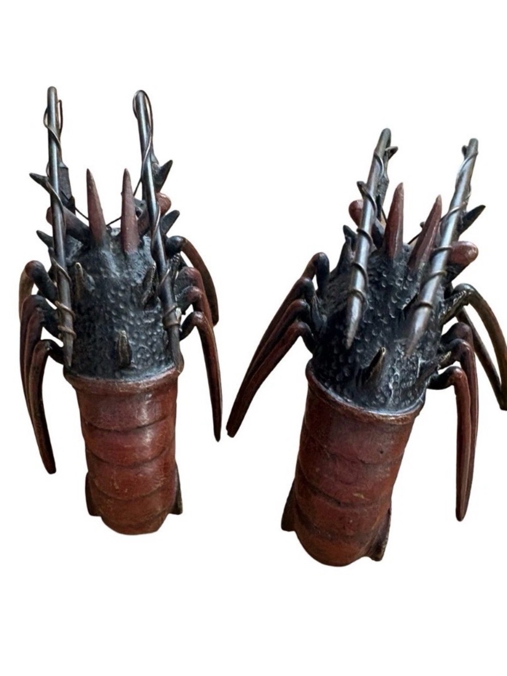 Antique Pair Of Meiji Japanese Cast Iron Lobsters Crayfish Crawfish Figurines